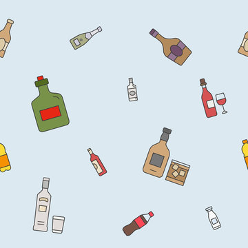 Bottle background - Vector color seamless pattern of drink and alcohol for graphic design
