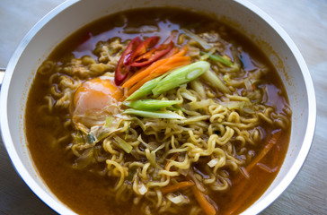 Korean scpicy vegetable ramen in the pan