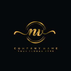 Fototapeta premium NV Initial handwriting logo design with golden brush circle. Logo for fashion,photography, wedding, beauty, business
