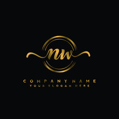 NW Initial handwriting logo design with golden brush circle. Logo for fashion,photography, wedding, beauty, business