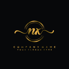 NX Initial handwriting logo design with golden brush circle. Logo for fashion,photography, wedding, beauty, business