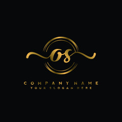 OS Initial handwriting logo design with golden brush circle. Logo for fashion,photography, wedding, beauty, business
