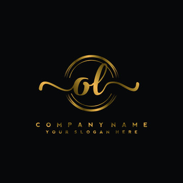 OL Initial handwriting logo design with golden brush circle. Logo for fashion,photography, wedding, beauty, business