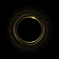 Abstract round glowing lights and gold sparkles on black background. Vector