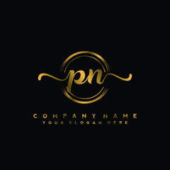 PN Initial handwriting logo design with golden brush circle. Logo for fashion,photography, wedding, beauty, business