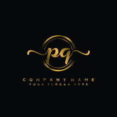 Fototapeta premium PQ Initial handwriting logo design with golden brush circle. Logo for fashion,photography, wedding, beauty, business