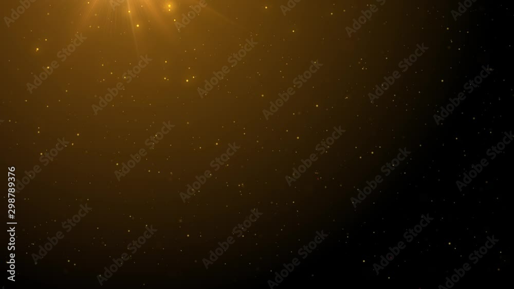 Wall mural 4k beautiful gold floating dust particles with flare on black background in slow motion. looped 3d a