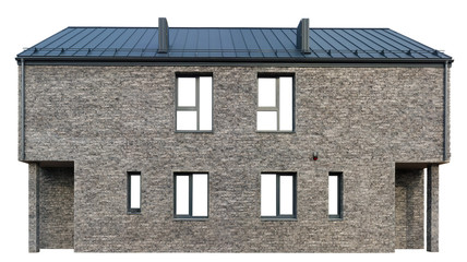 Standard unfinished symmetrical two-story rural house for two young families isolated