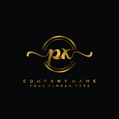 PX Initial handwriting logo design with golden brush circle. Logo for fashion,photography, wedding, beauty, business