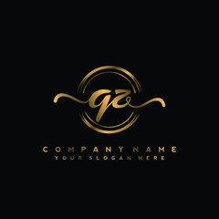 QZ Initial handwriting logo design with golden brush circle. Logo for fashion,photography, wedding, beauty, business
