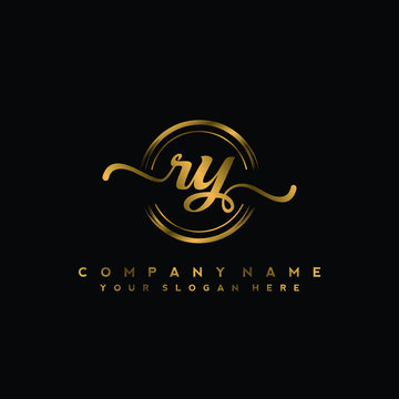 RY Initial handwriting logo design with golden brush circle. Logo for fashion,photography, wedding, beauty, business