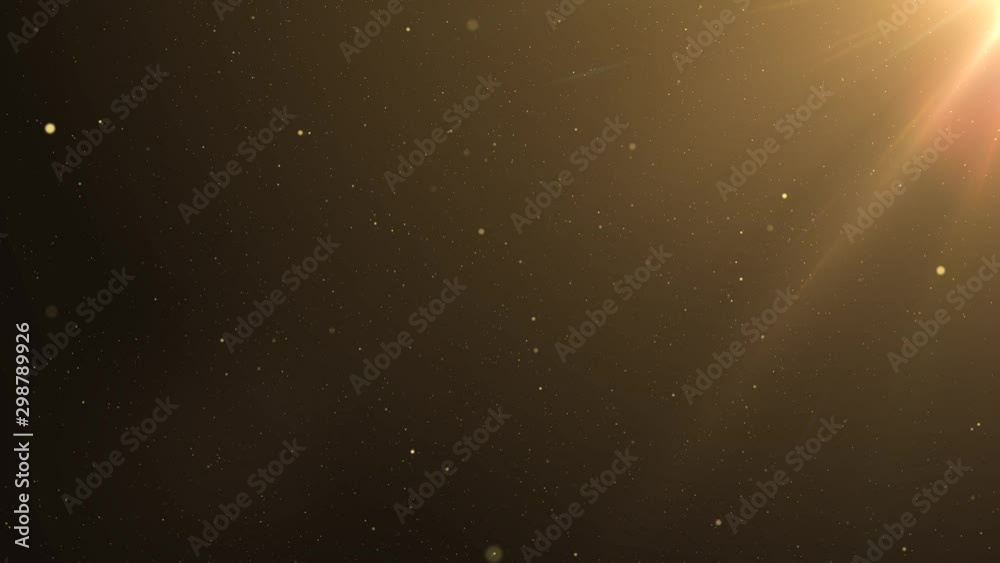 Wall mural 4k beautiful gold floating dust particles with flare on black background in slow motion. looped 3d a