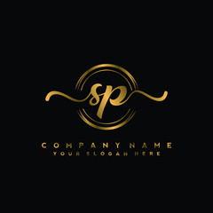 SP Initial handwriting logo design with golden brush circle. Logo for fashion,photography, wedding, beauty, business