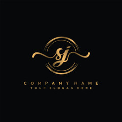 SJ Initial handwriting logo design with golden brush circle. Logo for fashion,photography, wedding, beauty, business