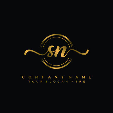 SN Initial handwriting logo design with golden brush circle. Logo for fashion,photography, wedding, beauty, business