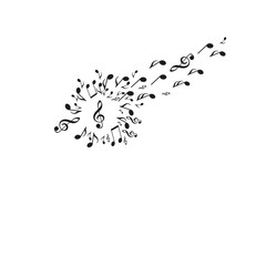 Dandelion silhouette made from musical notes, with some notes flying away towards on whrite backround