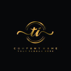 TI Initial handwriting logo design with golden brush circle. Logo for fashion,photography, wedding, beauty, business