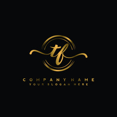 TF Initial handwriting logo design with golden brush circle. Logo for fashion,photography, wedding, beauty, business