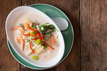 Bolied Coconut Milk Soup , Prawn ,  Bamboo shoot , Bitter bean And Senegalia pennata .