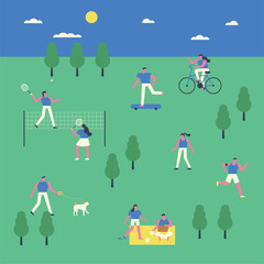 Naklejka premium People enjoying leisure in the park. Simple background and small people characters.