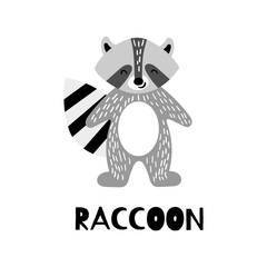 Cute raccoon in trendy scandinavian style. Cartoon animal isolated on white background. Flat vector illustration.