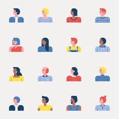 Set of people simple icons of various races and styles.