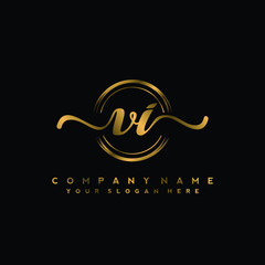 VI Initial handwriting logo design with golden brush circle. Logo for fashion,photography, wedding, beauty, business