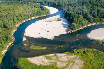 Aerial photo of gravel bars on the Drava River