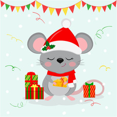 Happy New Year and Merry Christmas. Cute mouse, rat with eyes closed in a Santa hat and scarf, holds a piece of cheese with a ribbon . Year of the Rat 2020. Cartoon, flat style, vector