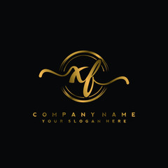 XF Initial handwriting logo design with golden brush circle. Logo for fashion,photography, wedding, beauty, business