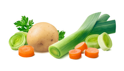 Leek, potato, carrot, parsley isolated on white background