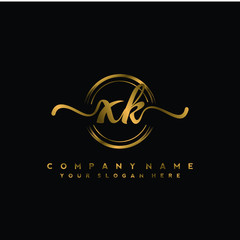XK Initial handwriting logo design with golden brush circle. Logo for fashion,photography, wedding, beauty, business