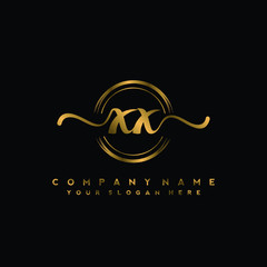 XX Initial handwriting logo design with golden brush circle. Logo for fashion,photography, wedding, beauty, business