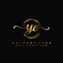 YE Initial handwriting logo design with golden brush circle. Logo for fashion,photography, wedding, beauty, business