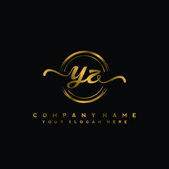 YZ Initial handwriting logo design with golden brush circle. Logo for fashion,photography, wedding, beauty, business