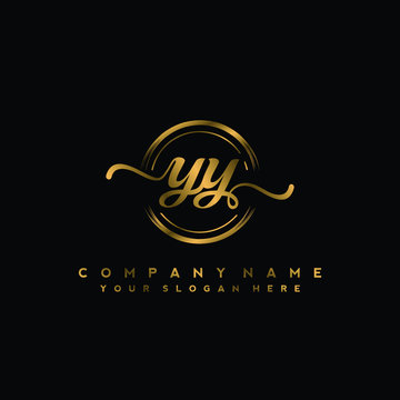 YY Initial handwriting logo design with golden brush circle. Logo for fashion,photography, wedding, beauty, business