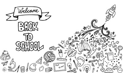 Back to School banner with hand drawn line art icons of education, science objects and office supplies, school supplies. Concept of education background. © Kebon doodle