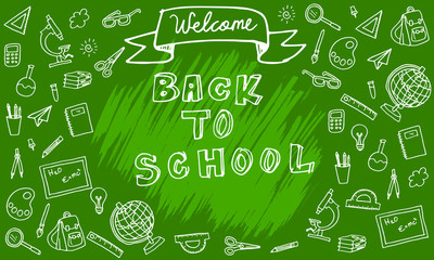 Back to School banner with hand drawn line art icons of education, science objects and office supplies, school supplies. Concept of education background.