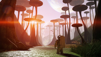 astronaut exploring alien planet landscape, journey to an exoplanet with strange plants and flying creatures  © dottedyeti