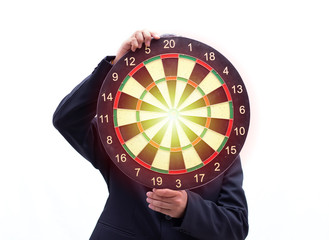 Businessman holding a target for darts on white isolate background,