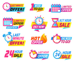 Sale countdown badges. Big deal, limited sale announcement. Promo stickers last day, hour and minute timer. Best offer labels vector set