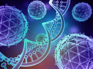Human  DNA strand with virus cells . medical background. 3d illustration