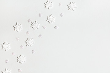 Christmas composition. Frame made of snowflakes on pastel gray background. Christmas, winter, new...