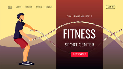 Web page design for Fitness, Sport center, Healthy lifestyle. Man working out with battle ropes. Vector illustration for poster, banner, placard, website, flyer.