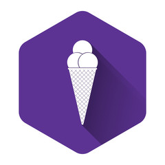 White Ice cream in waffle cone icon isolated with long shadow. Purple hexagon button. Vector Illustration