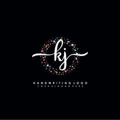 KJ initials handwritten logo with flower templates surround the letters. initial wedding template vector