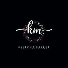 KM initials handwritten logo with flower templates surround the letters. initial wedding template vector