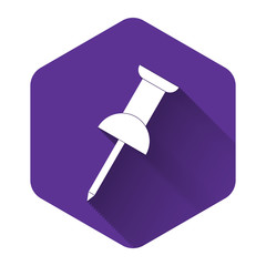 White Push pin icon isolated with long shadow. Thumbtacks sign. Purple hexagon button. Vector Illustration