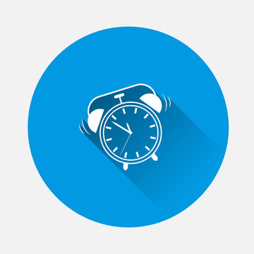 Vector icon ringing alarm clock on blue background. Flat image with long shadow.