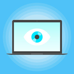 Big brother concept. Laptop spying with big eye on the screen of notebook monitor isolated on light blue background flat style design vector illustration.